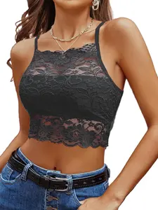 Women's Lace Knit Bralette Tank Top, Double Layer Crop Top, Backless Strappy Vest, Thin Strap Halter Neck, Sexy Fitted Style