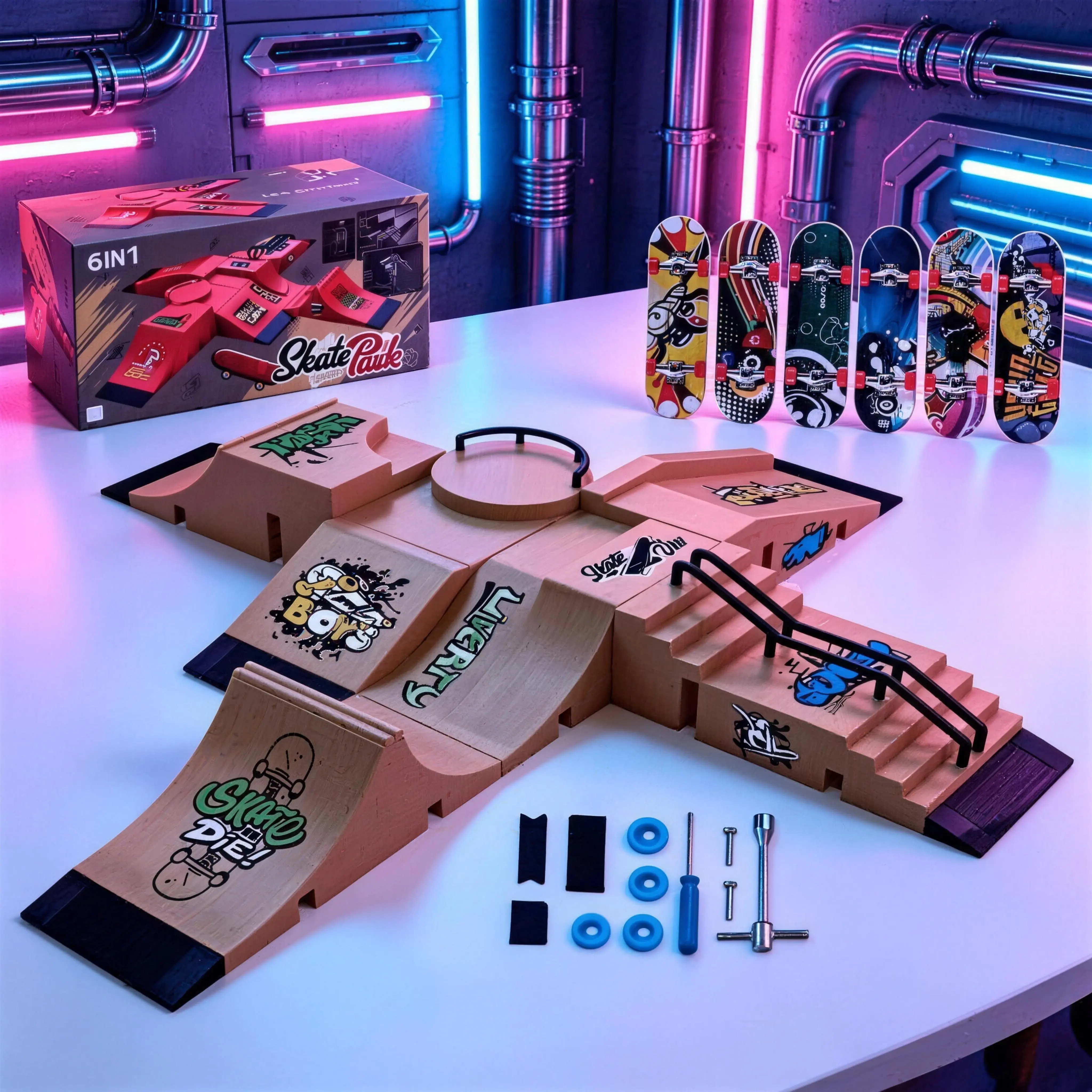 6-in-1 Finger Skatepark Set, Includes 6 Skateboards & Repair Tools, Freely Combinable Scene Props, Training Kit for Kids & Adults, Boosts Hand Fine Motor Skills