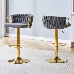 Gold Bar Stools Set of 2,Modern Velvet Braided Adjustable Height Barstool with Low Back,360° Swivel Bar Stools, Counter Height Barstools for Kitchen Island, Pub (Grey)