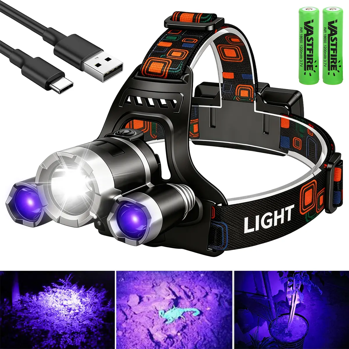 Aluminum Alloy Rechargeable Headlamp with 4 Light Modes (UV, Red, Green), IPX4 Waterproof with an Elastic Adjustable Fit for Hunting, Camping, and Pet Stain Detection, Elastic Bands, One Size Fits Most