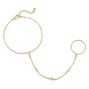 MINDDHA 14K Gold/White Gold Plated Hand Chains Bracelet for Women | Dainty Cubic Zirconia Bracelet and Ring Chain Body Jewelry | Star Style | Princess Cut Style | Adjustable Chain 1.5mm