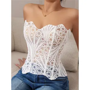 Women's strapless floral pattern shaping top, breathable mesh back tie-up bandeau bustier corset top, boned corset vest, suitable for layering or wearing alone.
