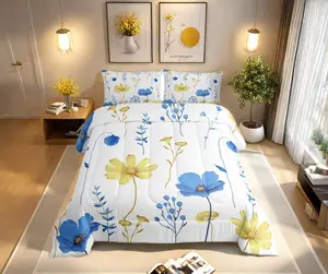 Feelyou Twin Size Watercolor Floral Comforter Set - Blue-Yellow Microfiber Filling Bedding, Modern Minimalist White Quilt, Flower Branches Pastoral Duvet Insert, Machine Washable for Teens