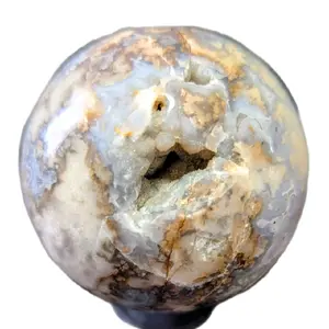 Blue Flower Druzy Agate Sphere - Natural Crystal Rock with Unique Blue and Gold Patterns