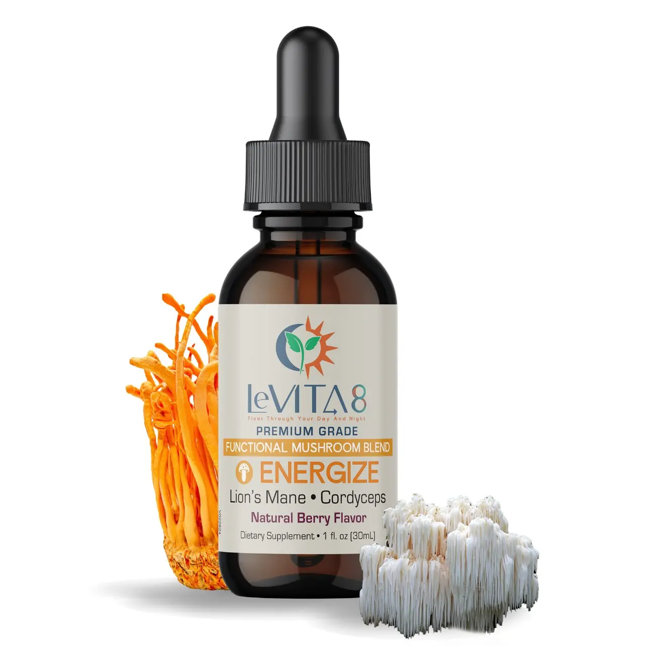 LeVITA8 Premium Mushroom Drops for Adults - 100% Natural Berry Flavor - Synergistic Blend of Lions Mane Liquid, Cordyceps Extract & B12 to Reduce Brain Fog - Fast Absorbing Drop (2oz, 30 Days Supply)