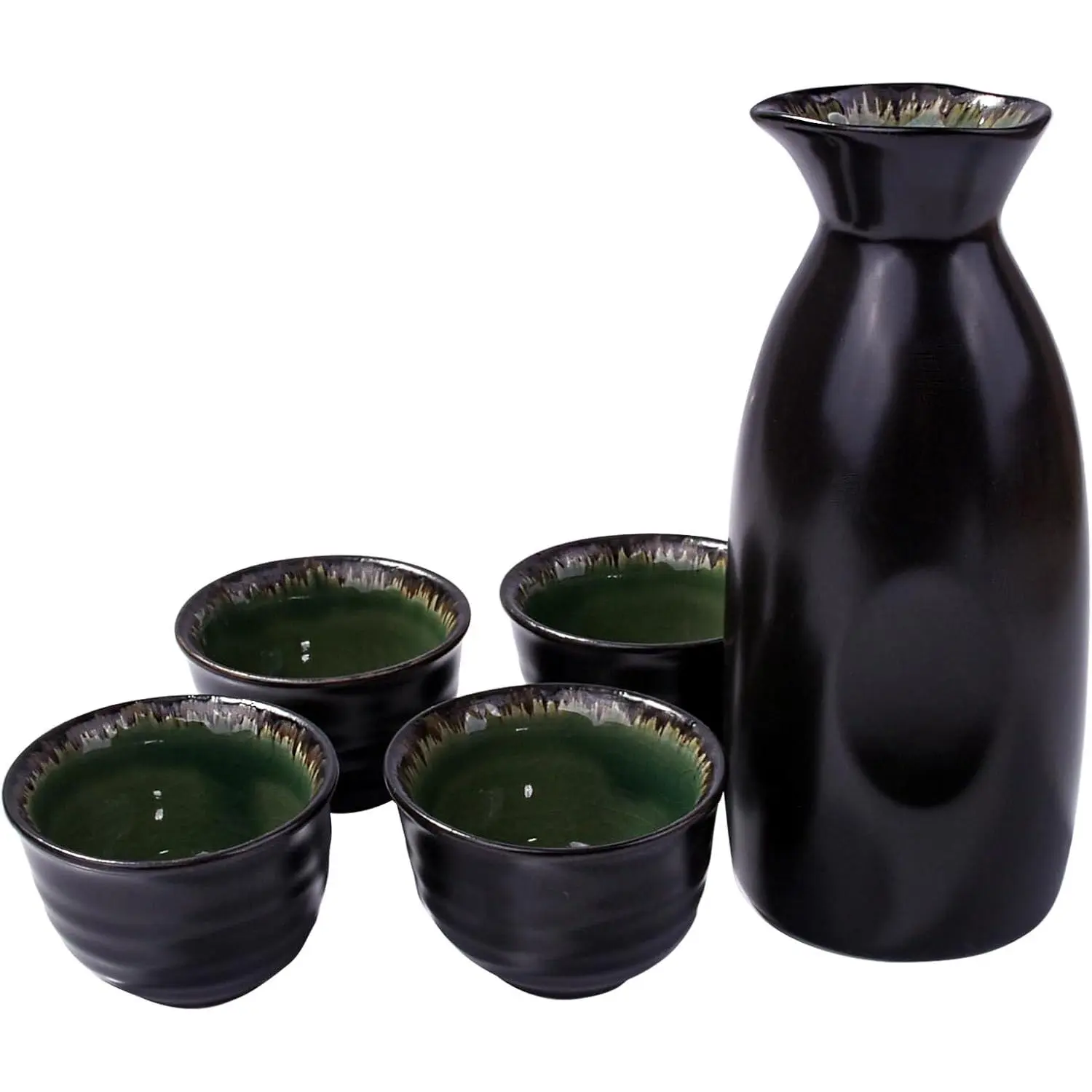 Japanese Sake Set of 5, 300ml Ceramic Sake Bottle (Tokkuri) with 4 Matching Sake Cups (Ochoko), Unique Black & Green Reactive Glaze, Traditional Pottery for Hot or Cold Sake, Dishwasher Safe