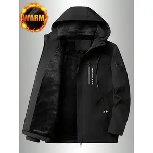 Men's Fleece Lined Thickened Hooded Jacket, Warm Winter Coat with Letter Print, Fashionable Outdoor Windproof Parka for Cold Weather