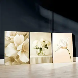 3pcs Flowers Wall Art, Soft Palette Poster, Minimalist Beauty Art Prints, Tranquil Vibes Home Decor, Modern Wall Paintings, Modern Home Decoration, Cozy Canvas Posters Wall Arts, Decor for Living Room, Bedroom, Housewarming Gift, With Frame