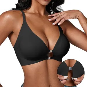 Deangelmon Front Closure Wirefree Bra, Easy On & Off, Light Support, Deep V-Neck Racerback, Stretchy Comfy Bralette Wireless Compression Bras Seamless Tshirt Bras