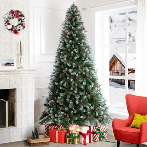 7.5ft Frosted Prelit Artificial Christmas Tree with Pine Cones, Faux Berries, Foot Pedal, 1346 Branch Tips, 550 Warm Lights, and a Sturdy Metal Stand, 53" Wide Realistic Decorated Spruce Christmas Tree.