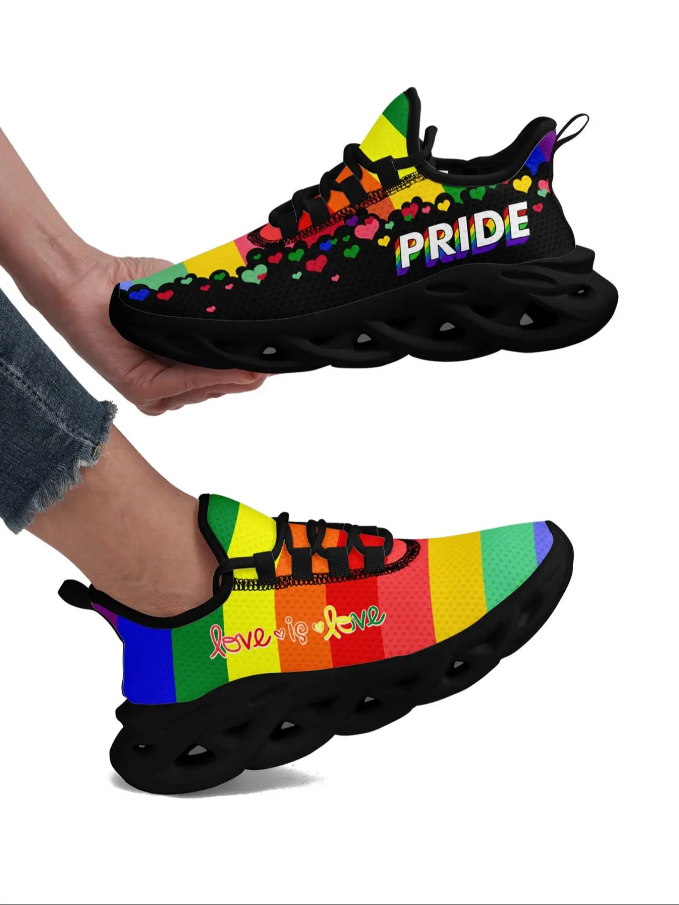 Rainbow Letter & Flower Pattern Lace Up Front Low Top Sneakers, Casual Comfortable Non-slip Sports Running Shoes, All-match Round Toe Chunky Sneakers for Women
