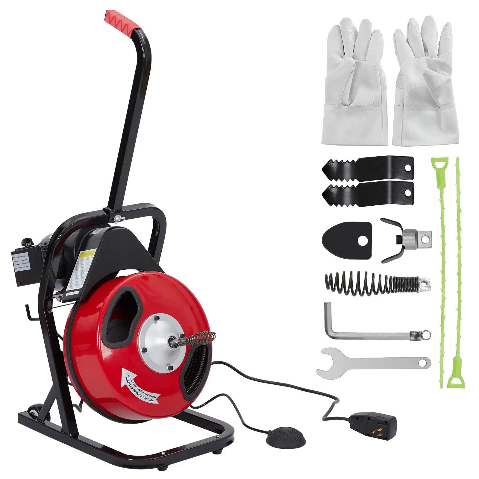 【GARVEE】K-300F 1/2inch 50FT Red & Black  Electric Drain Cleaner Machine - Automatic Auger for 1 to 4 Inch Pipes, Portable Design, 4 Cutters, Foot Switch Control, and Includes Gloves.