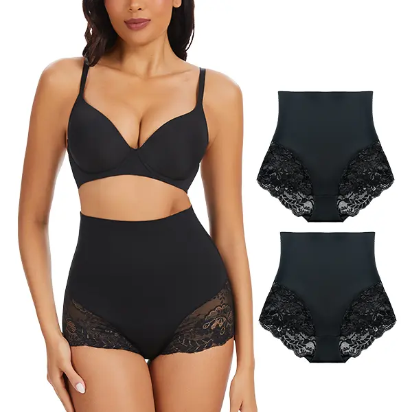 LILYLOVE Seamless High Waist Shaping Underwear 2-Pack - Soft Lace Trim Tummy Control Panties - No Show Everyday Full Coverage Briefs - Figure-Hugging Breathable Waist Shaper Butt Lifting Bodyshaper for Women