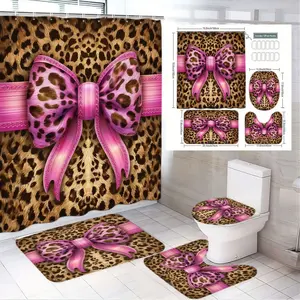 1/4pcs Leopard Print with Pink Accents Bathroom Set - Shower Curtain Sets, Shower Curtain (Pink Bow), 2 Bath Mats, Toilet Seat Cover, Shower Curtain Hooks - Ideal for Spring Decor, Mother’s Day, Home Sweet Home, and Valentine’s Day Gift