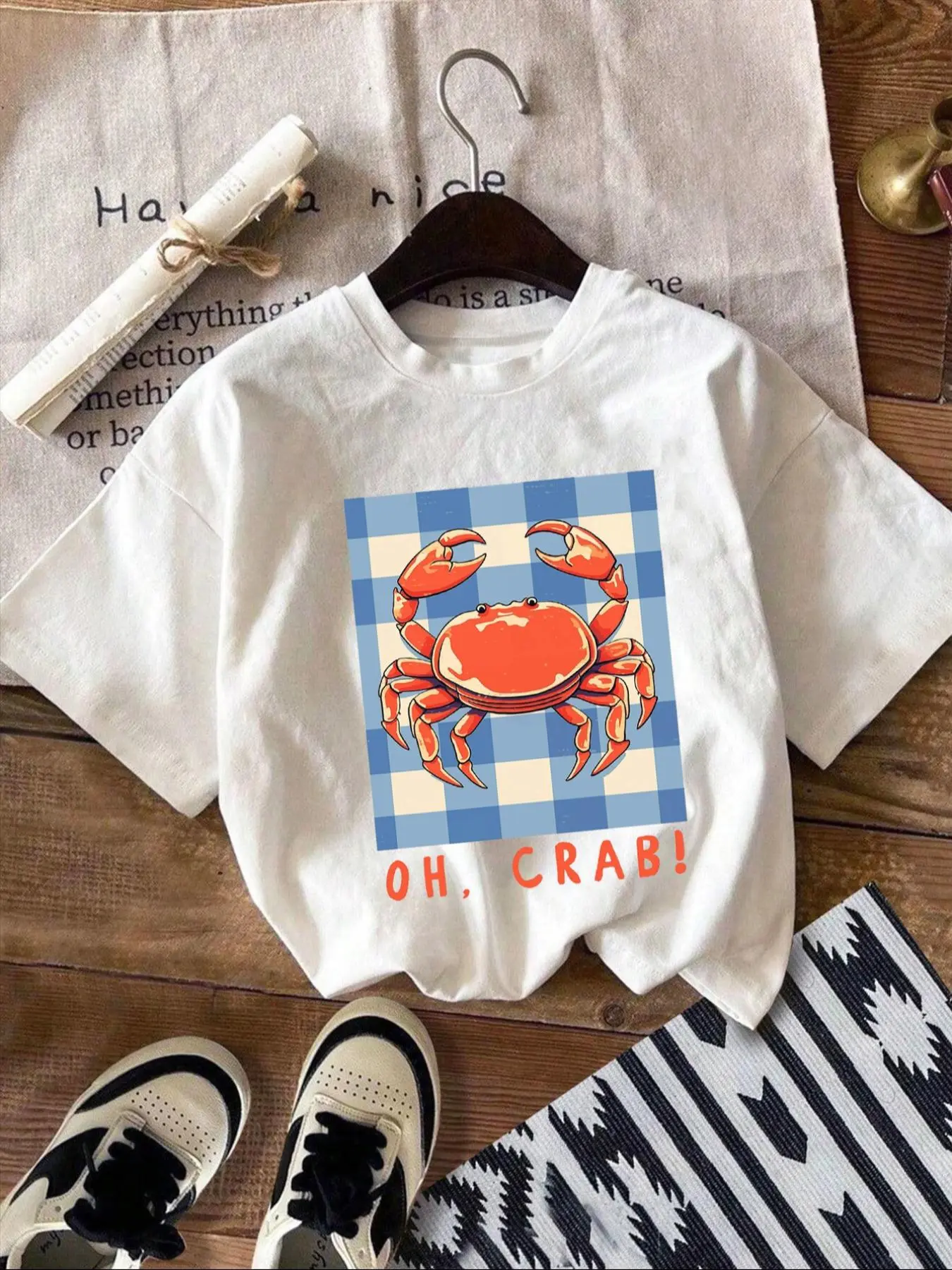 Women's Crab Print Round Neck Tee, Fashion Casual Crew Neck T-Shirt for Daily Holiday Vacation Outdoor Wear, Ladies Clothes for Summer, Womenswear, Top