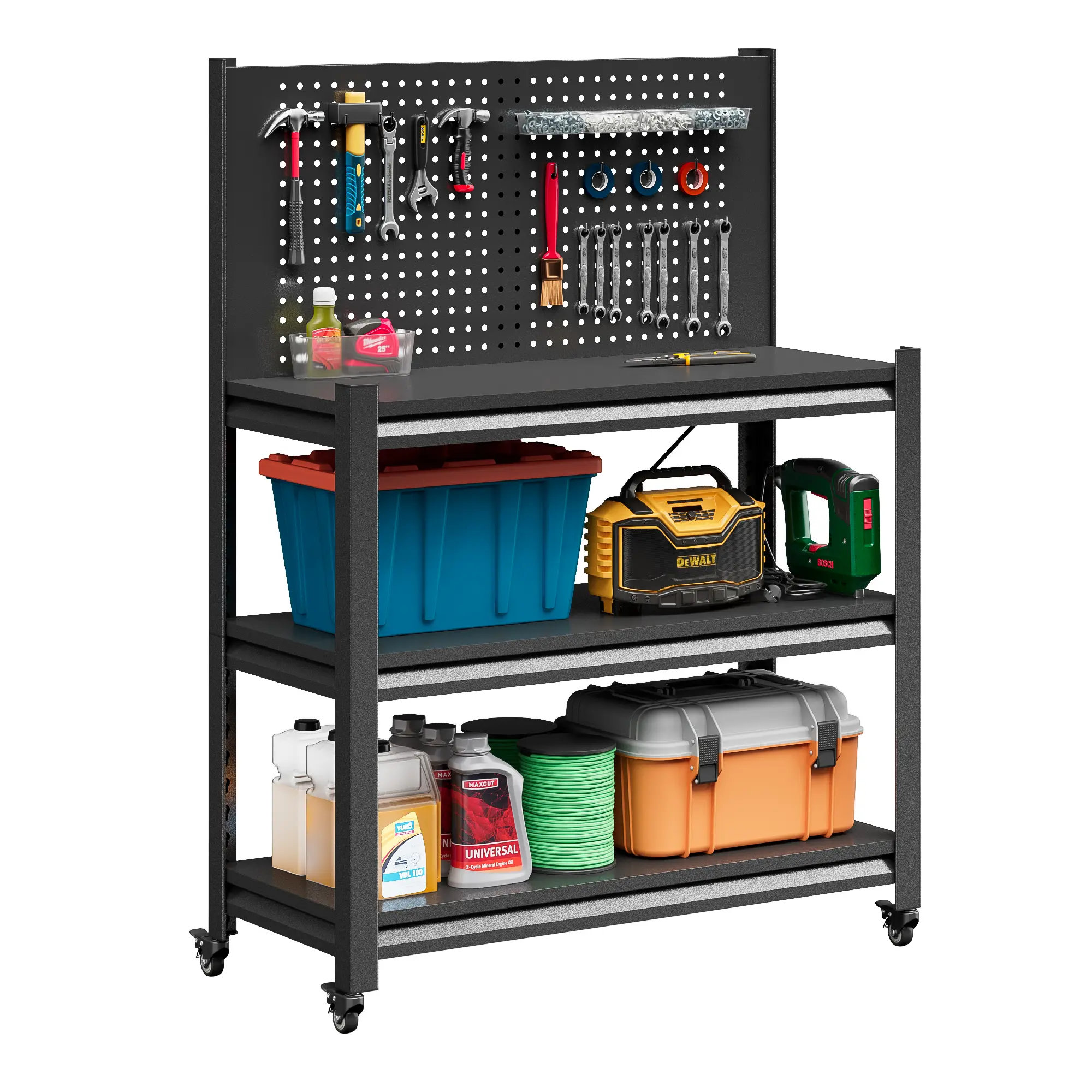 LONGLINK Heavy-Duty Steel Rolling Tool Workbench with Wheels - 550lb Load Capacity, 3-Tier Adjustable Shelves, Suitable for Workshops, Garages