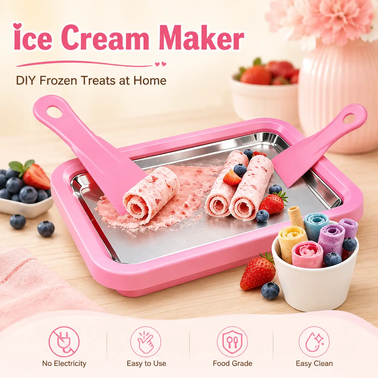 UOYGAO Food Grade Stainless Steel Rolled Ice Cream Maker Kit with 2 Scrapers - Kitchen Appliances for Frozen Yogurt, Slushie, Homemade DIY Parent-Child Activities, Pink Birthday Gift for Families