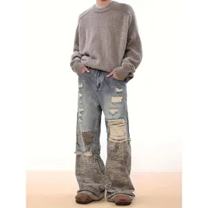 (New) Boys' Plain Denim Streetwear Pants - Splicing Camouflage, Ripped, Embroidered Heavy Craftsmanship, Wide Leg, Comfortable Loose Fit, Pocketed, Outdoor Sport Trousers