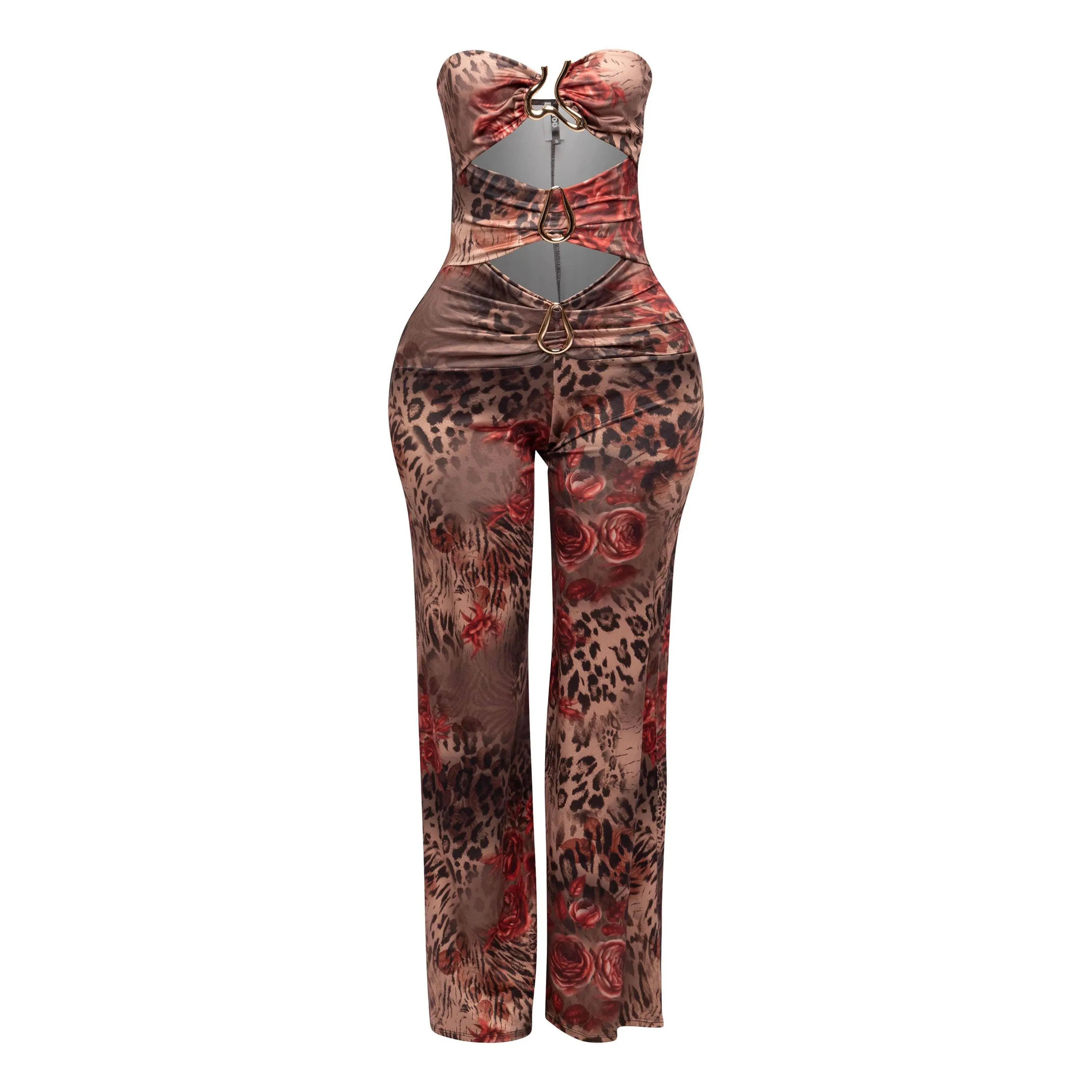 Trimmed cutout strapless wide leg jumpsuit