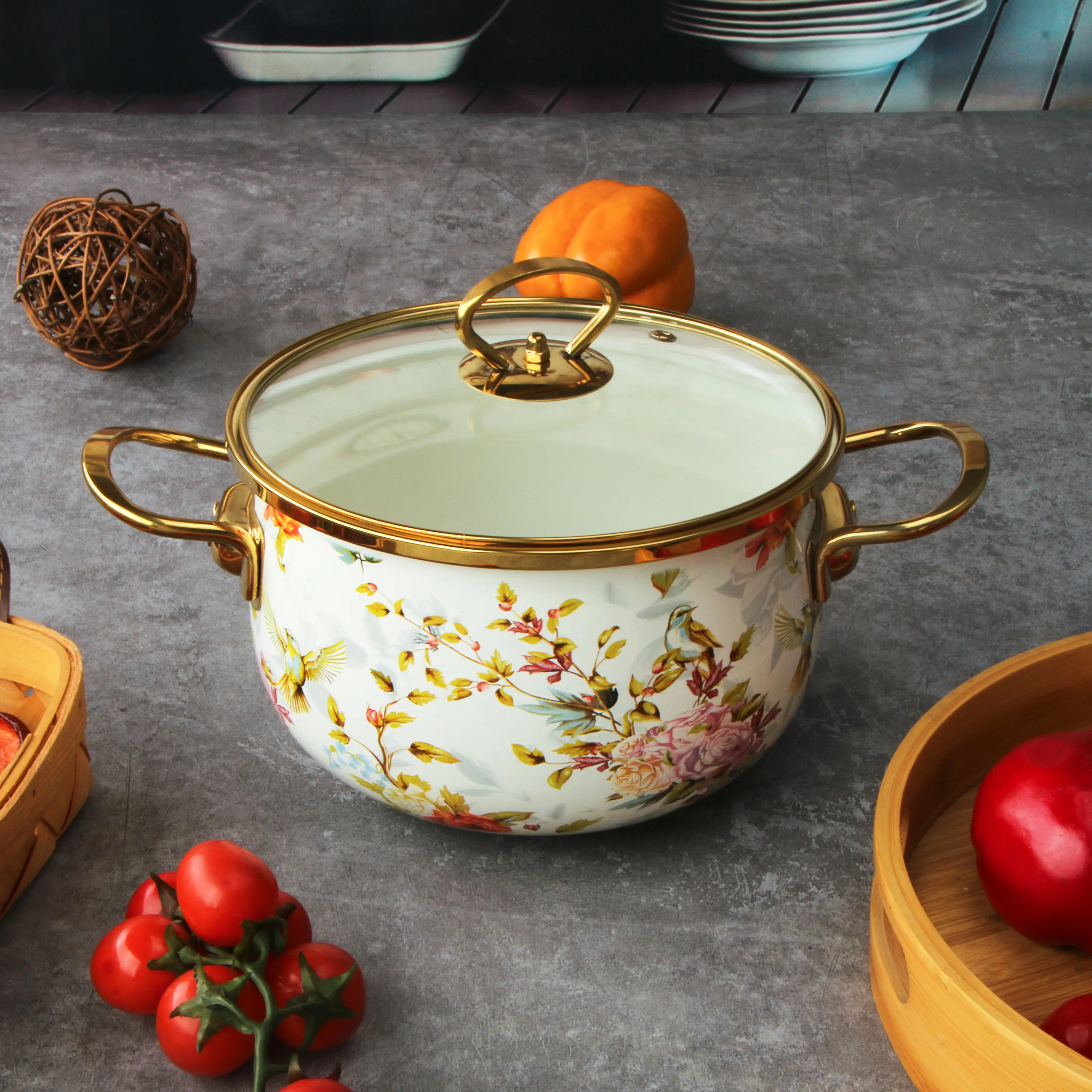 Enamel Stockpot with Glass Lid, Vintage Floral Soup Pot, Non-Stick Bean Stew Simmer Pot with Handle for Kitchen, Induction & Gas Stove Safe, Mother's Day, Wedding, Christmas Gift
