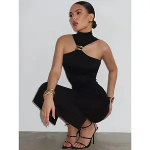 Turtleneck Off-shoulder Sexy Maxi Dress Women Gown Summer New Ring Metal Sleeveless Backless Skinny Knit Long Dress