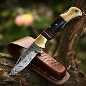 Handmade Damascus Steel Folding Pocket Tool – Back Lock Outdoor Utility with Leather Sheath