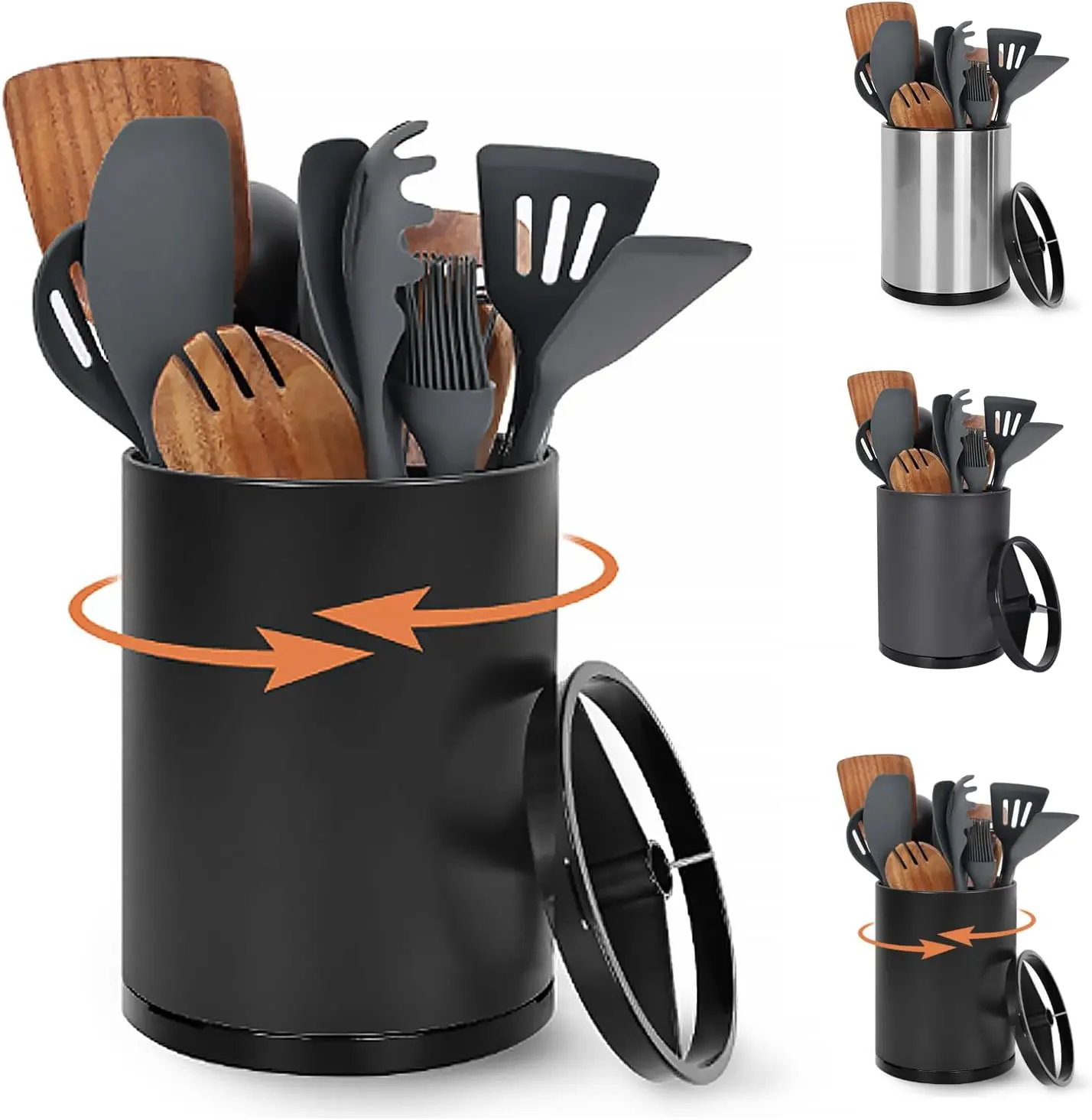 Sturdy Extra Large 360° Rotating Stainless Steel Kitchen Utensil Holder, 3-Compartment Countertop Cookware Storage Caddy with Removable Base, Black Flatware Organizer