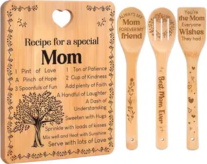 Christmas gift for Mom: "Recipe for a Special Mom" bamboo cutting board & engraved utensil set—perfect for birthdays, holidays, and kitchen decor
