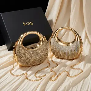 Luxury Rhinestone Crystal Clutch, Metallic Ring Handle Crescent Evening Bag, Sparkly Rose Gold Chain Shoulder Purse, Wedding Bridal Prom Gala Dinner Party Formal Event Handbag for Women
