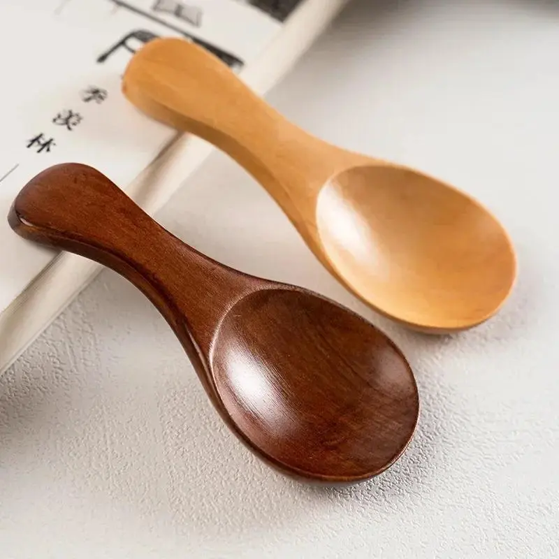 4Pcs Mini Natural Wooden Spoon Scoop Tea Coffee Condiment Salt Seasoning Sugar Spoon Ice Cream Tea Leaf Roung Scoop Spoon Wood Spoons