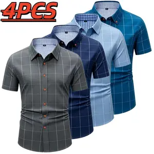 Men’s short-sleeve shirt with four panels and color-block contrast collar, urban casual style. Turn-down collar with contrasting plaid lining, orange button front, and a slim fit. Smooth fabric drapes comfortably, with a tailored silhouette that flatters
