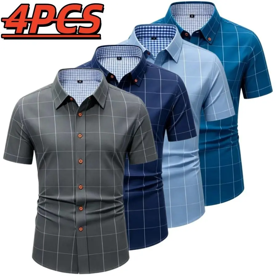 Men’s short-sleeve shirt with four panels and color-block contrast collar, urban casual style. Turn-down collar with contrasting plaid lining, orange button front, and a slim fit. Smooth fabric drapes comfortably, with a tailored silhouette that flatters