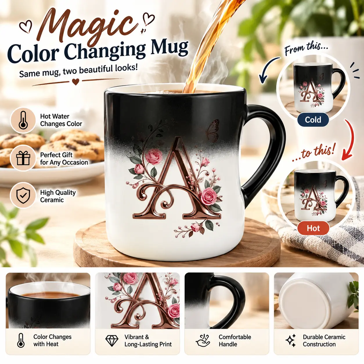 Color Changing Ceramic Coffee Mug, Rose Gold Initial Monogram with Floral Butterfly Design, Heat-Reveal Magic Cup for Coffee, Tea & Everyday Use