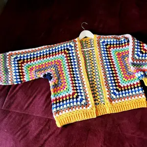 Handmade Geo Cardigan Sweater - Colorful Knitwear with Cozy Granny Square Design, Comfortable Fit & Unique Patterns - Tops, Vintage, Crochet, Piece