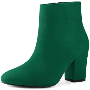 BLISSFUL STEP Round Toe Chunky High Heels Ankle Boots