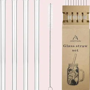 ANOTION Reusable Glass Straws 4-Pack, 9.8"x0.47" with Cleaning Brush, Clear Long Straws for Tumblers, Replacement Drinking Straws