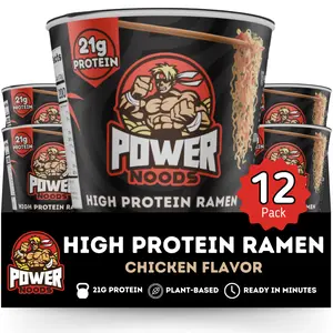 Power Noods High Protein Ramen Noodles - Chicken Flavor, 21g Protein, Plant-Based, Ready in Minutes, 12 Pack