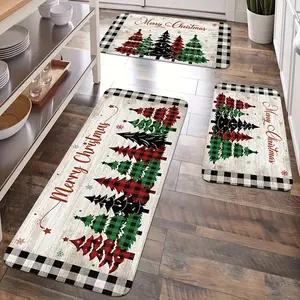 2/3pcs Christmas Kitchen Mat Set, Vintage Christmas Tree Mat, Plank Pattern Mat, Buffalo Check Mat, Festive Holiday Atmosphere, Fleece Material,, Non-Slip, Soft, Comfortable, Easy to Clean, Suitable for Bedroom, Living Room, Dining Room, Bathroom, Entrywa