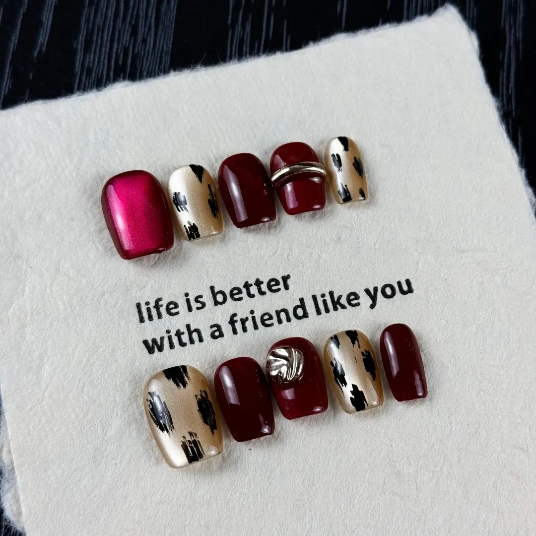 10pcs Autumn/Winter Melaudine style, hand-painted leopard print cat eyes, shiny gold accessories, Glitter nails, handmade fake nails, Ideal for travel photo-ops, New Year and Thanksgiving events