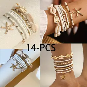 14 PCS Women Jewelry Set - Shell & Starfish Charm Beaded Bracelet + Anklet Set Multi-layer Ankle Chain Stackable Handmade Retro Ethnic Elastic Beades Beach Bracelet Set