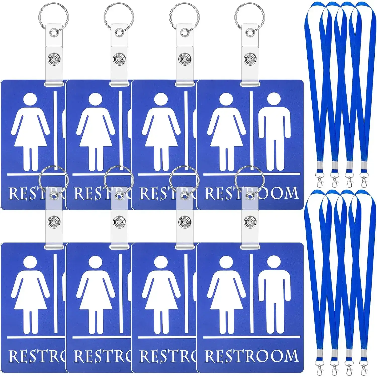 8 Set Bathroom Pass Restroom Hall Pass for Classroom with Keychain Holder with Lanyard PVC Unisex for Women Men, Blue