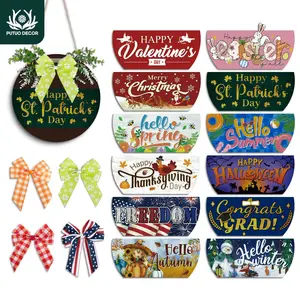 Round Wooden Hanging Sign Decor with 12 Changeable Velcro Icons & 4 Bows, 1/2 Sets Wall Art Decoration for Home Farmhouse Living Room, Ornaments, Vintage Plaque Decor