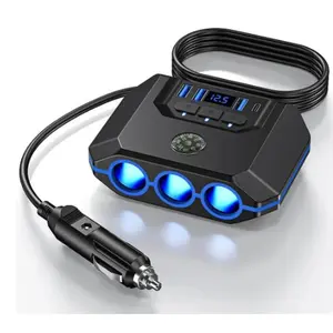 Three-Socket 120W Car Cigarette Lighter Splitter Charger Adapter - Independent Switch, Voltage Monitor, Dual 12V/24V Power Socket, Fast USB Charging - Compact, Safe, Reliable Road Trip Car Accessories Dash Cam Cable