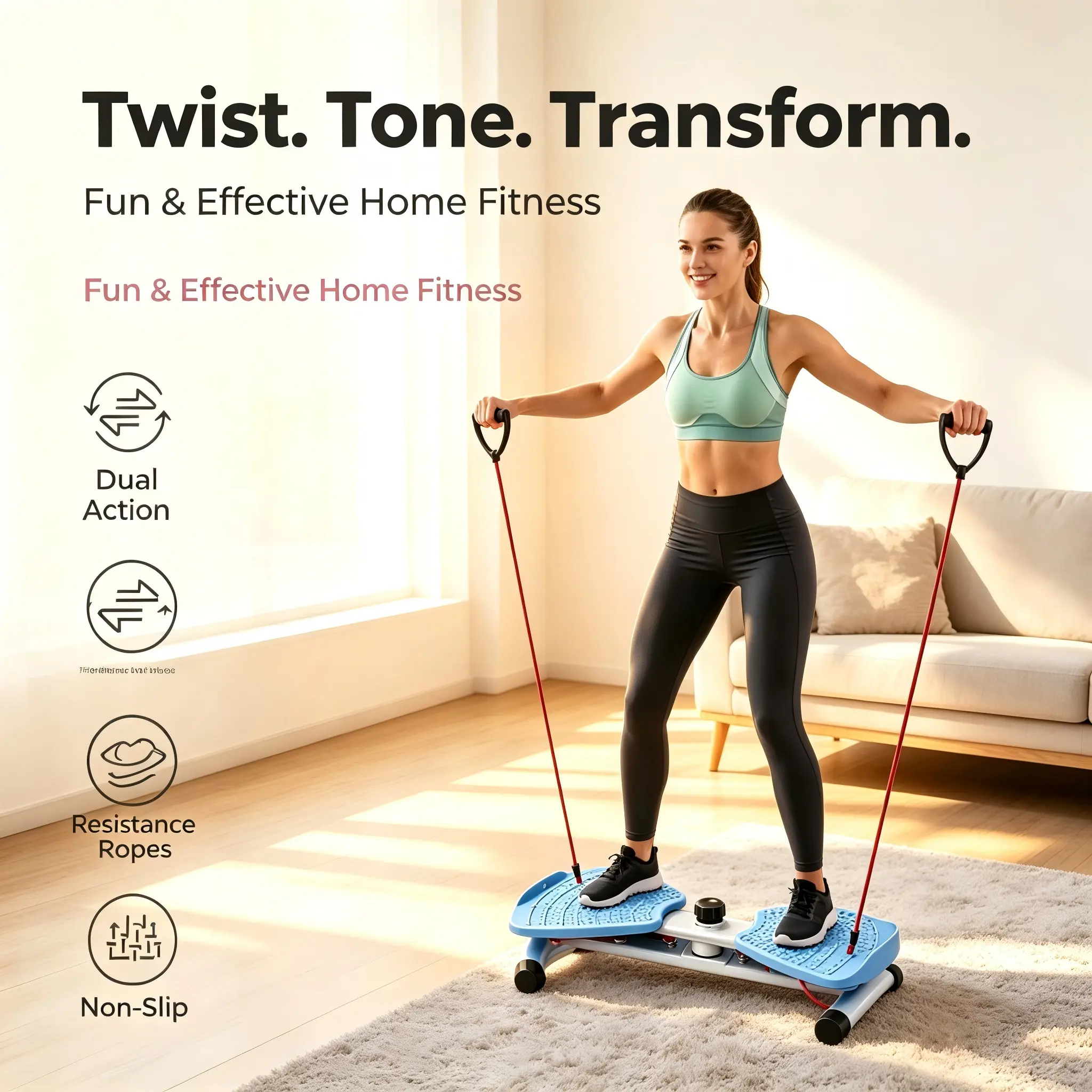 Foldable Split Waist Twist Board with Detachable Resistance Bands, Silent Low-Impact Joint Friendly Home Gym Exercise Equipment for Core Abs Waist Leg Arm Workout, Compact Portable Design Easy Storage Under Sofa & Closet for Indoor Fitness