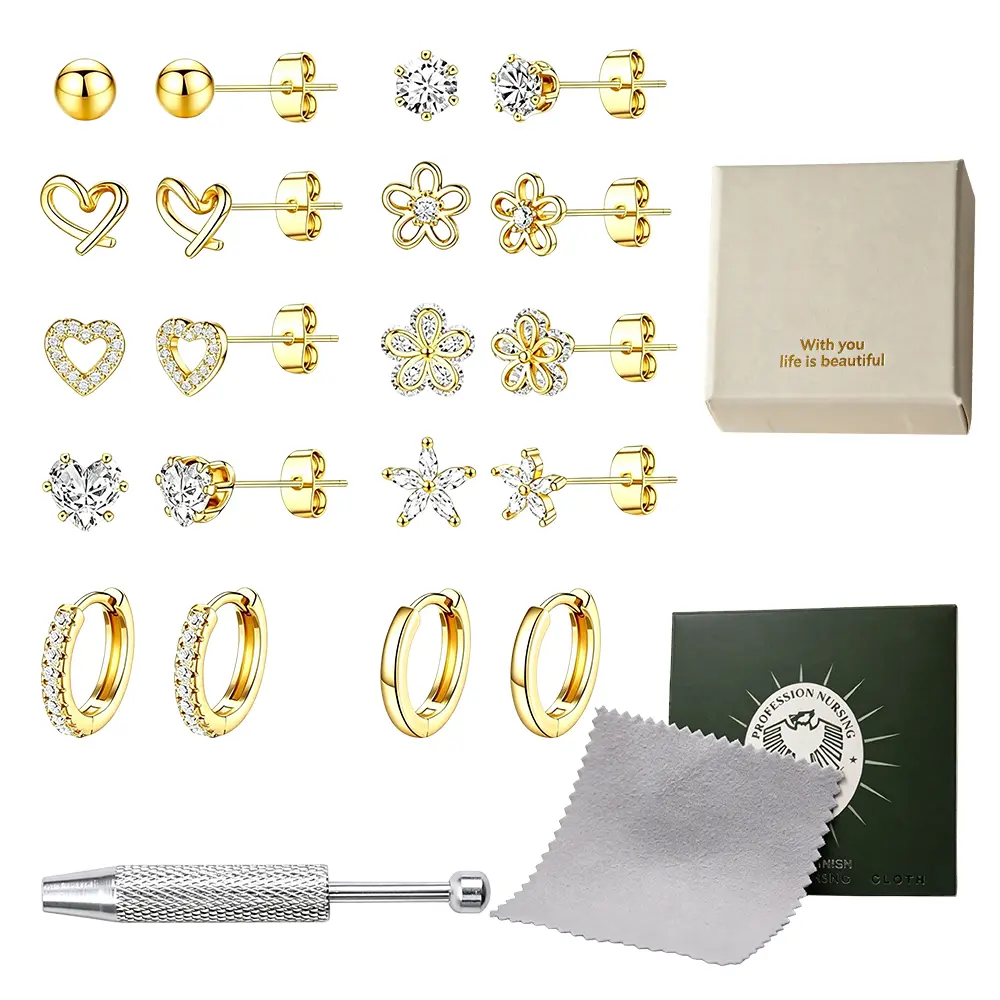 10 pairs Multipurpose Ear Studs & Huggie Hoop Earrings Set, Hypoallergenic Mixed‑Style Piercing Jewelry for Daily Wear, Party Matching with Gift Box