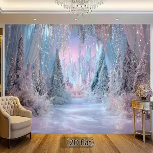 1PC,2D Flat Dreamy Frozen - themed Backdrop, Christmas Festival Party Shooting Decoration Background, Pink - blue Snow - covered Forest Castle Scene Cloth, Backdrop Wall Hanging for Children's B