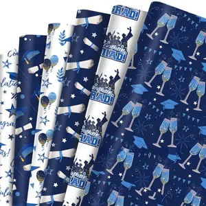 12 Sheets Graduation Wrapping Paper Navy Gold Class of 2026 Graduation Cap Assorted Design, Folded Flat Gift Wrap Paper School College Congrats Grad Party Celebration
