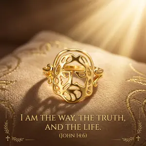 OLDT Savior Jesus Face Ring, 14K Gold Plated Devotional Christian Jewelry, 3D Messiah Christ Band for Church Gifts & Spiritual Blessing (Sizes 6-9)