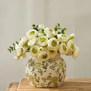 Ceramic Yellow Rose Floral Vase with Wide Mouth Lace, 4.84 Inch Cracked Chinoiserie Rustic Farmhouse Vases, Pastoral Retro Vase for Home Decor, Table, Living Room, Bathroom, Shelf, Wedding
