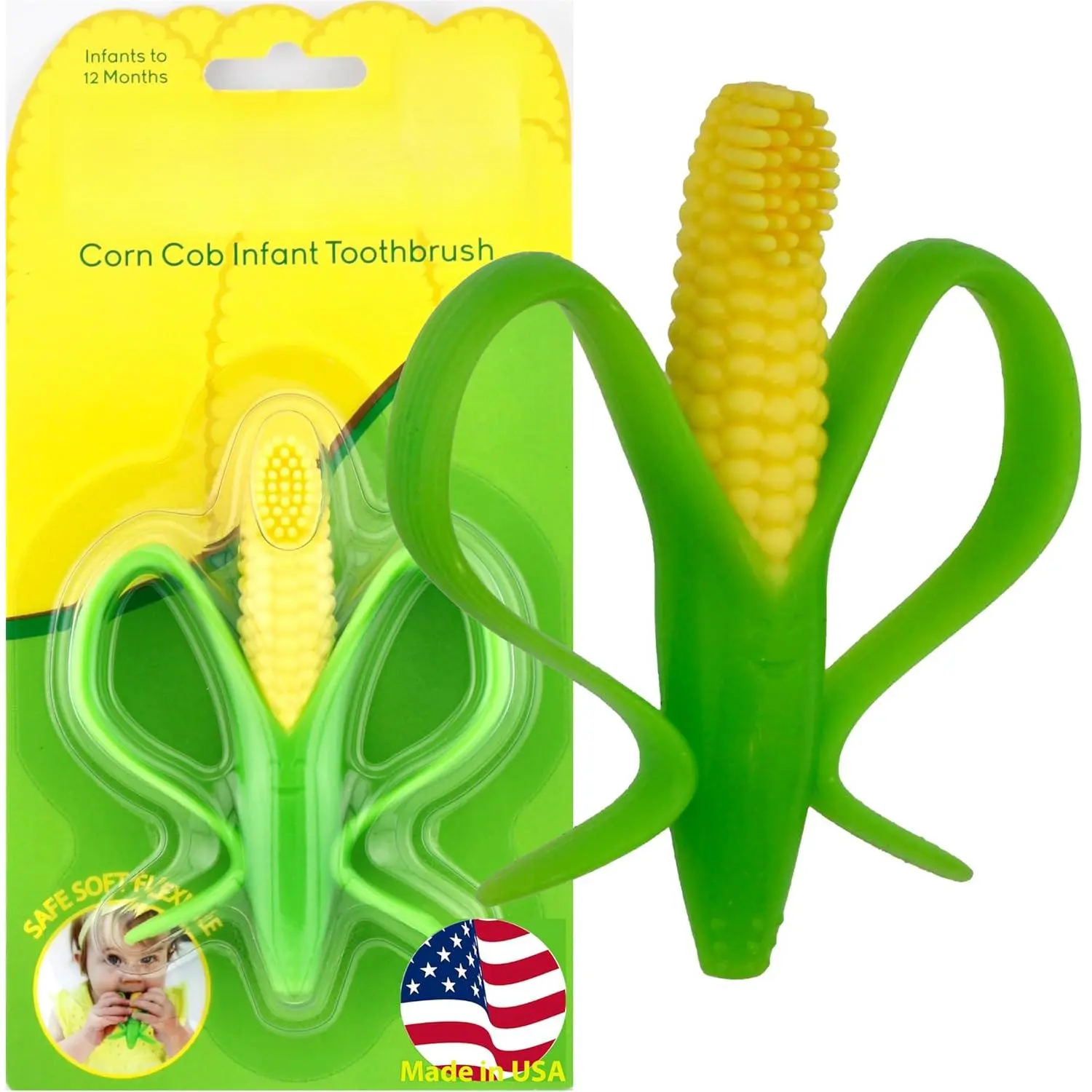 Corn Cob Toothbrush, Training Teether Tooth Brush  Infant, Baby, and Toddler, Made in , Butter-Soft Bristles,Bendable Food Grade Silicone, Family-Owned Buisness Since 2009